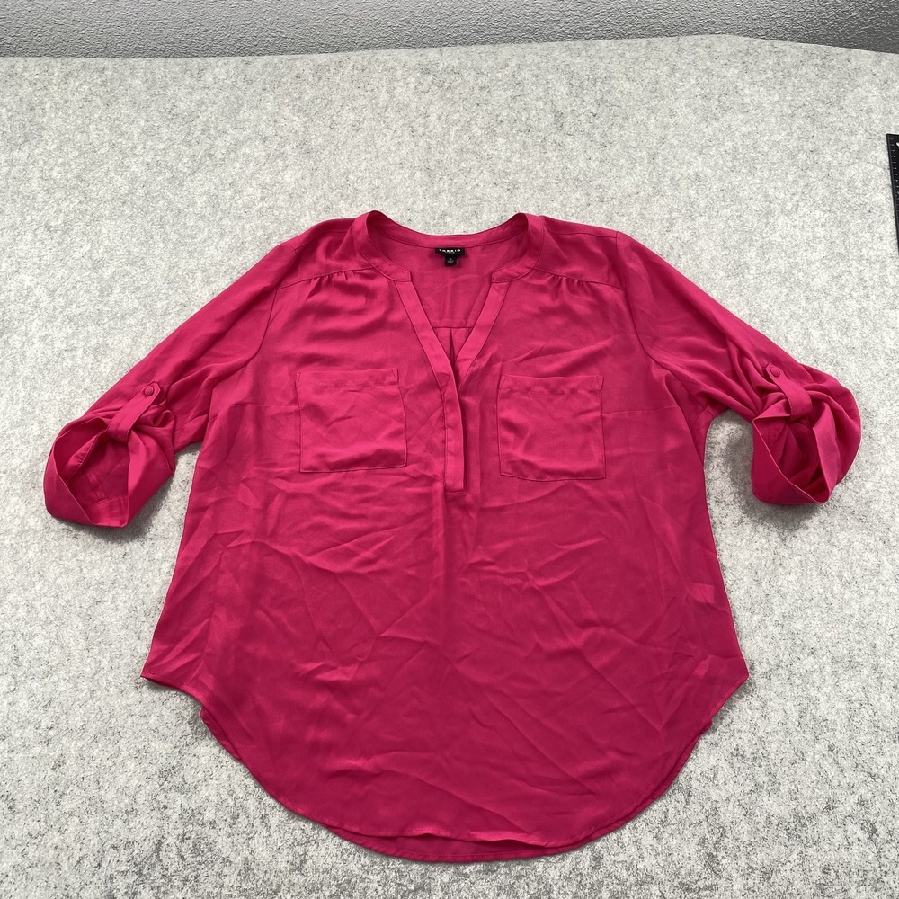 Torrid Blouse Womens 1 Plus Pink Solid V Neck Roll Tab 3/4 Sleeve Tunic Top